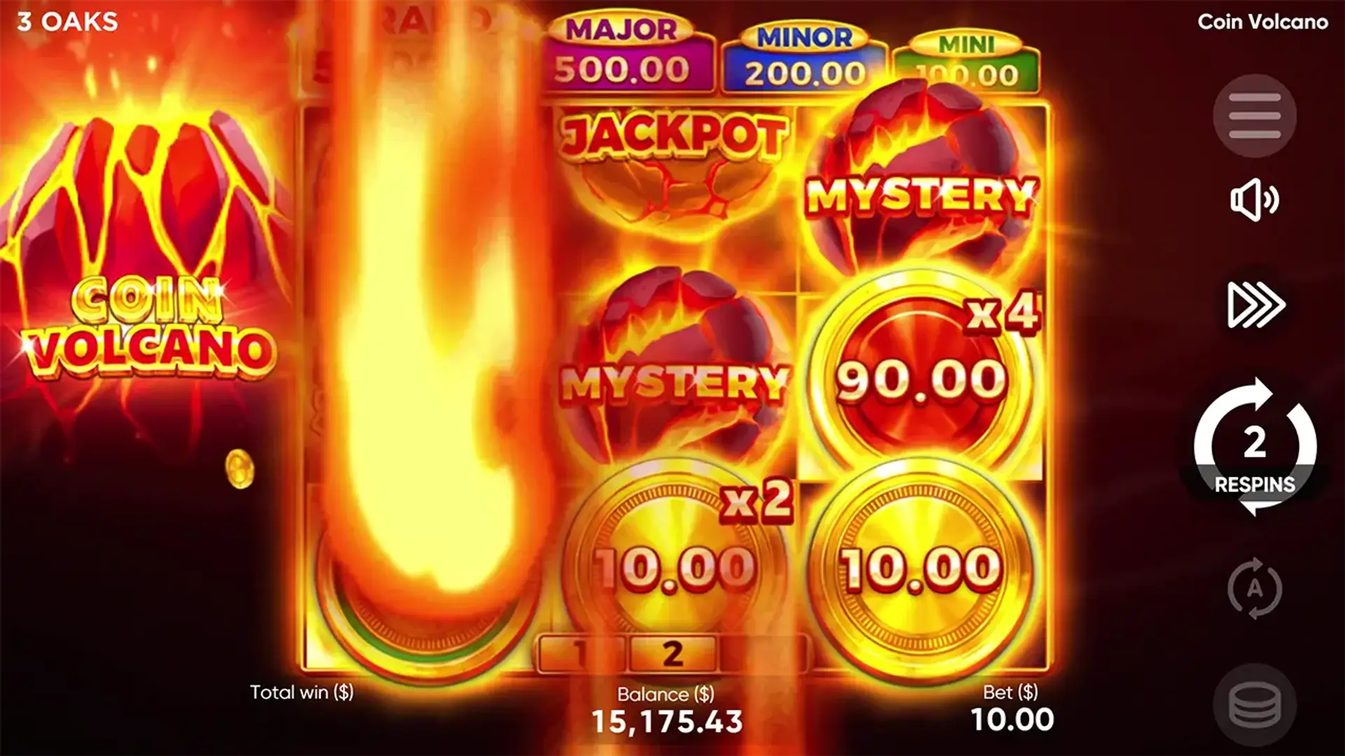 Coin Volcano gameplay &mdash; rodillos con volc&aacute;n en erupci&oacute;n arrojando Hot Coins con valores visibles Pin Up Chile