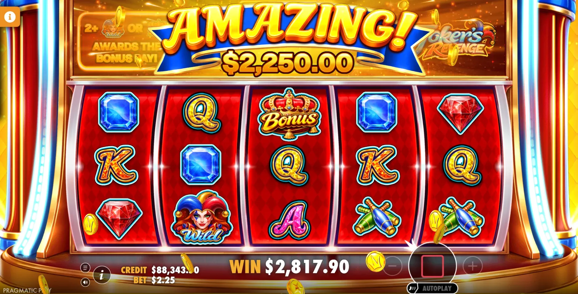 Joker's Revenge gameplay &mdash; wilds expansivos jokers cubriendo columnas durante free spins Pin Up Chile