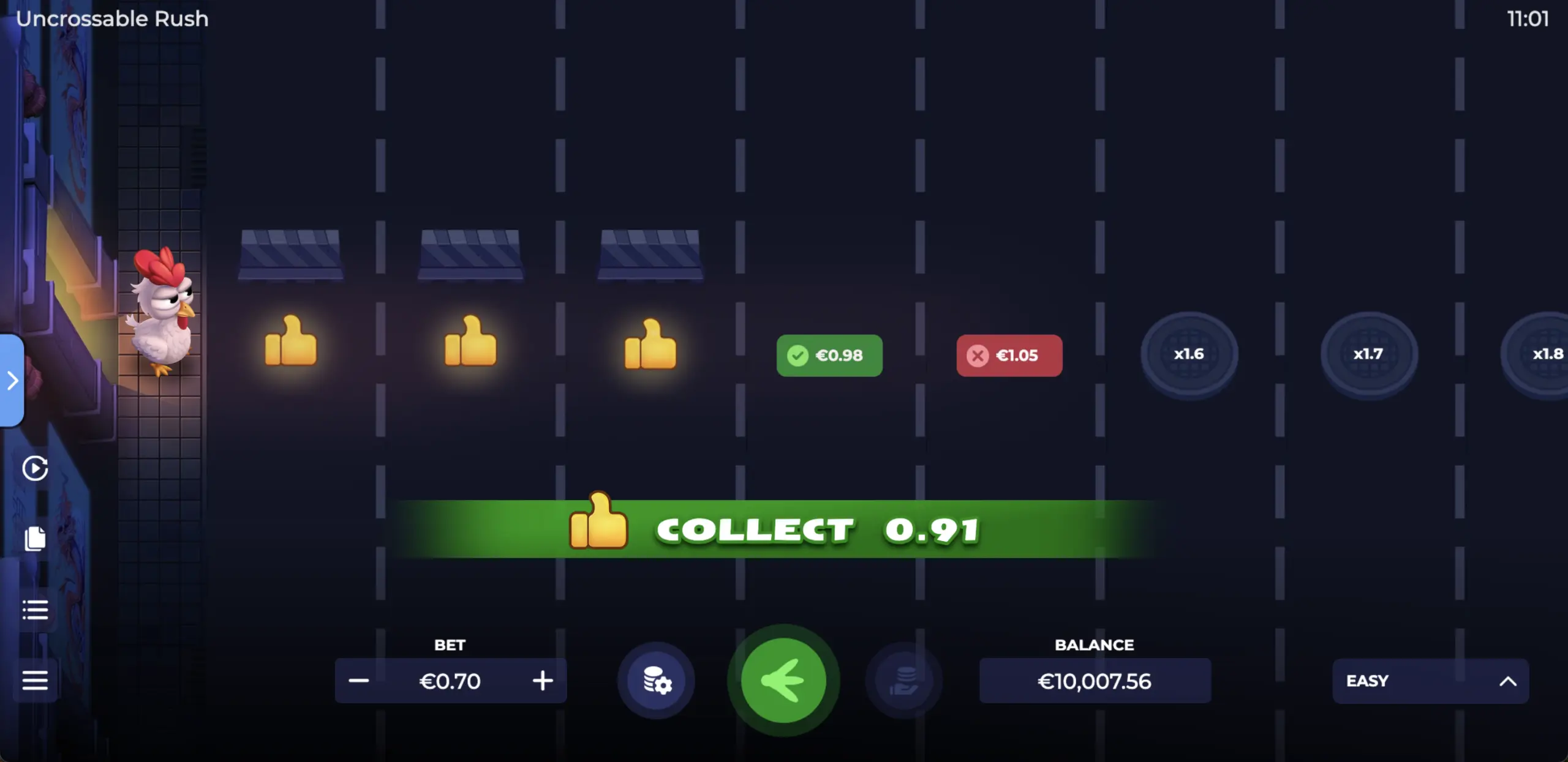 Uncrossable Rush gameplay &mdash; peat&oacute;n cruzando carriles con multiplicador visible Pin Up Chile